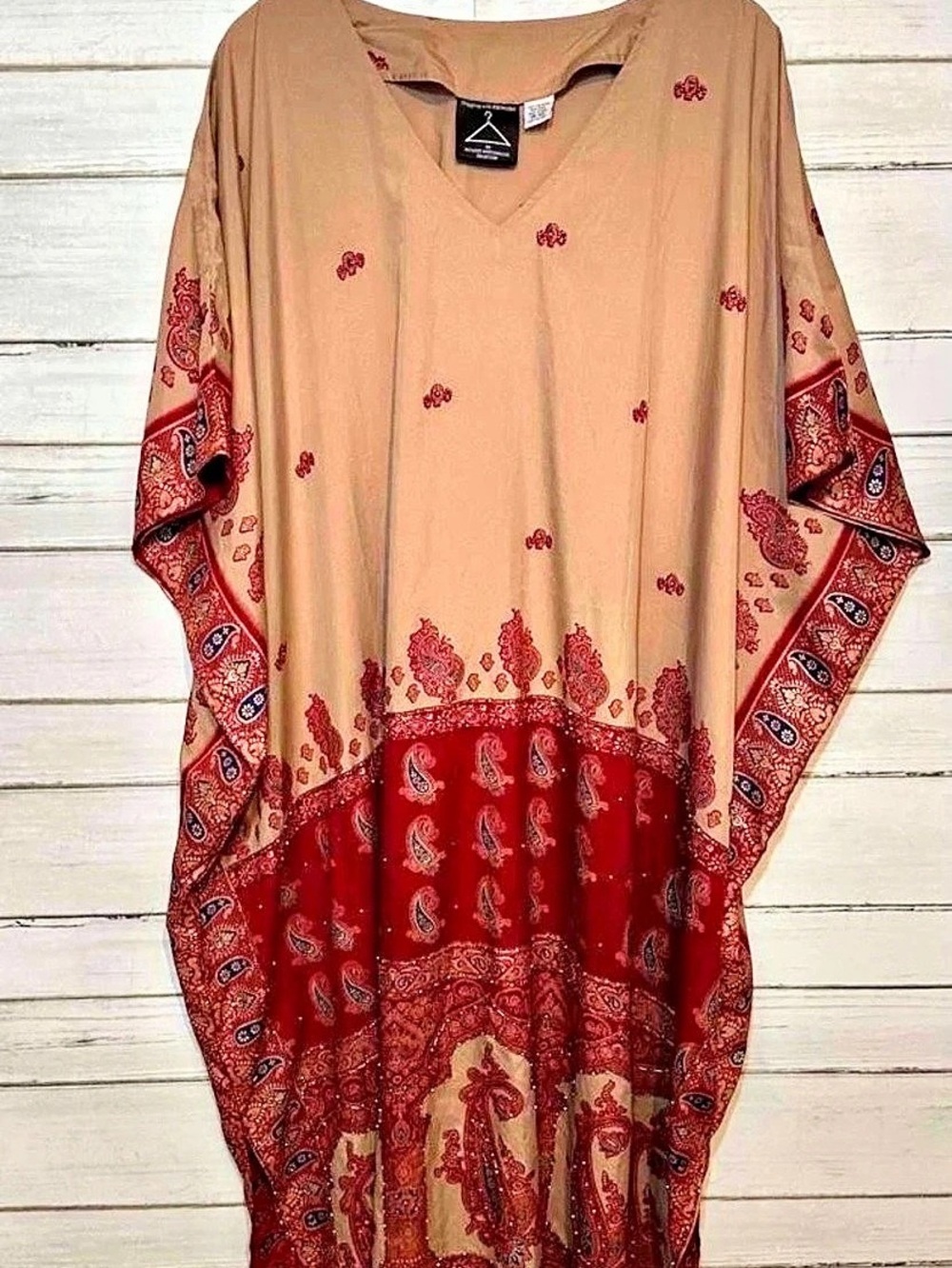 NEW Anthony Mark Hankins Beige & Red Beaded Kaftan House Dress Mumu Gown OS Pais
